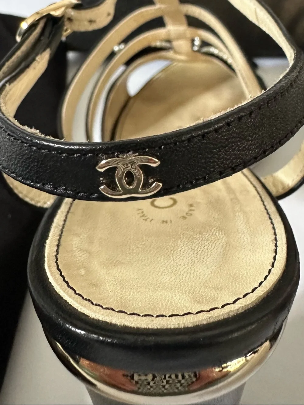 CHANEL Black Pearl-Trim Bow Strappy Heels